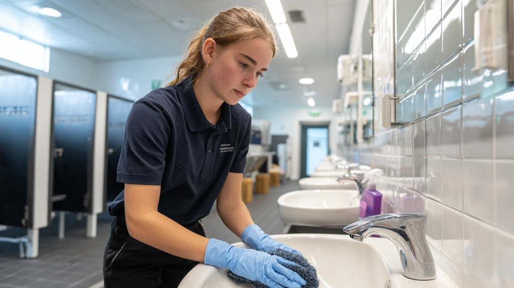 Professional cleaner wearing gloves cleaning sinks in a bright Australian school bathroom