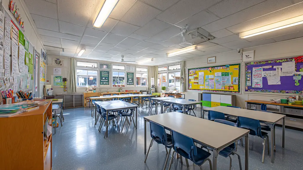 Spotless clean bright Australian primary school classroom with desks neatly arranged and colourful educational displays on walls
