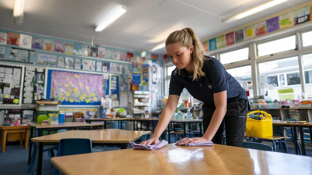 Professional cleaner wiping down desks in a clean bright Australian primary school classroom